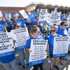 Teachers protest outside the Clark County School District Education Center on Flamingo Road before a school board meeting Thursday, Aug. 10, 2023. The Clark County School District and the Clark County Education Association, the teachers union, are in contract negotiations.