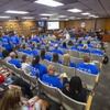 Teachers, wearing blue Clark County Education Association T-shirts, pack a school board meeting at the Clark County School District Education Center on Flamingo Road before a school board meeting Thursday, Aug. 10, 2023. The Clark County School District and the CCEA, the teachers union, are in contract negotiations.