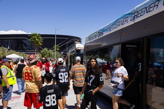 Passengers are dropped off by a RTC Game Day Express bus prior to a Las Vegas Raiders vs San Francisco 49ers preseason football game at Allegiant Stadium Sunday, Aug. 13, 2023.