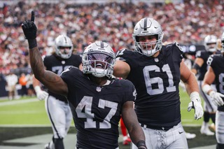 Las Vegas Raiders running back Sincere McCormick (47) celebrates after scoring a touchdown during a NFL preseason football game against the San Francisco 49ers at Allegiant Stadium Sunday, Aug. 13, 2023.