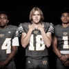 Members of the Bonanza High School football team are pictured during the Las Vegas Sun's high school football media day at the Red Rock Resort on July 20, 2023. They include, from left, Everrett Bradley, Rory Dean and Alamiang Rasiang.
