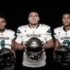 Members of the Silverado High School football team are pictured during the Las Vegas Sun's high school football media day at the Red Rock Resort on July 20, 2023. They include, from left, Tristan Hudson, Jayland McGlothen and Marcus Council.