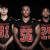Members of the Somerset Losee Academy High School football team are pictured during the Las Vegas Sun's high school football media day at the Red Rock Resort on July 20, 2023. They include, from left, Sean Fuentes, Bryce Simpkins and Ty'ee Johnson.
