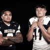 Members of the Spring Valley High School football team are pictured during the Las Vegas Sun's high school football media day at the Red Rock Resort on July 20, 2023. They include, from left, Tipisone Manu and Kaleb Moore.