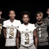 Members of the Sunrise Mountain High School football team are pictured during the Las Vegas Sun's high school football media day at the Red Rock Resort on July 20, 2023. They include, from left, Juan Carlos Martinez, Elijah Redic, Demarion Carter, Jacob Abbott and Leonardo Martinez.