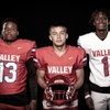 Members of the Valley High School football team are pictured during the Las Vegas Sun's high school football media day at the Red Rock Resort on July 20, 2023. They include, from left, Dominick Hopkins, Michael McCord and Kyndell Rooks.