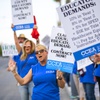 Teachers and supporters protest in front of the Greer Education Center on East Flamingo Road before a Clark County School District meeting Thursday, Aug. 24, 2023. The teachers union (CCEA) and CCSD are currently in contract negotiations.