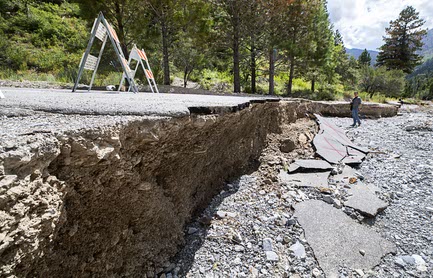 Damage to Echo Road is shown during a tour of flood damage on Mount Charleston Friday, Aug. 25, 2023. Areas of Mount Charleston suffered significant flood damage caused by Tropical Storm Hilary.