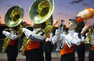 Members of the Chaparral High School Marching Band perform during a high school football game at the school Friday, Aug. 25, 2023.