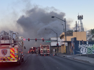 Las Vegas Fire & Rescue were working to put out a fire Tuesday, Aug. 29, 2023, at an abandoned building at 300 E. Charleston Blvd. in Las Vegas.