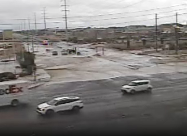 Flooding can be seen on Rainbow Boulevard, in a northeast view from Blue Diamond Road in a video capture at about 4:45 p.m. on Friday, Sept. 1, 2023, in Las Vegas.