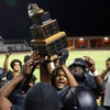 Chaparral players celebrate with the Cleat Trophy after defeating Eldorado in a high school football game at Chaparral High School Friday, Sept. 22, 2023. The trophy, awarded to the winner of the annual Eldorado-Chaparral game, is a bronzed cleat from NFL Hall of Famer Merlin Olsen.
