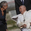 Pope Francis is welcomed by French Prime Minister Elisabeth Borne, left, as he arrives at Marseille International Airport in Marseille, southern France for a two-day visit, Friday, Sept. 22, 2023, where he will join Catholic bishops from the Mediterranean region on discussions that will largely focus on migration.
