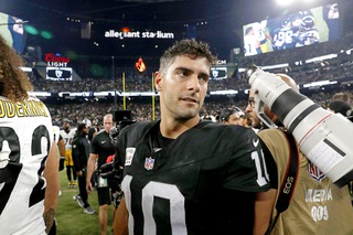 Las Vegas Raiders quarterback Jimmy Garoppolo (10) heads off the field after a 23-18 loss to the Pittsburgh Steelers during the second half of an NFL football game at Allegiant Stadium Sunday, Sept. 24, 2023.