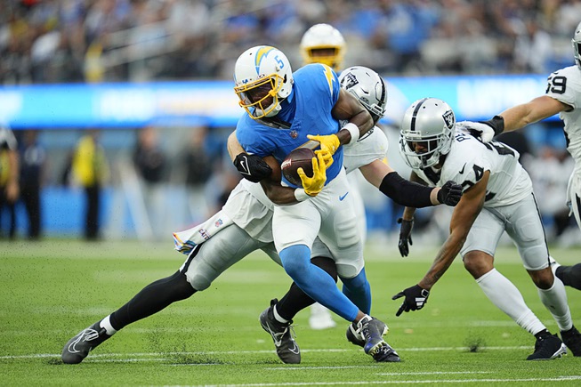 Los Angeles Chargers wide receiver Joshua Palmer runs after a catch against the Las Vegas Raiders during the first half of an NFL football game Sunday, Oct. 1, 2023, in Inglewood, Calif. (AP Photo/Ashley Landis)