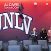 Las Vegas Raiders and UNLV officials unveil a sign during a news conference at the Fertitta Football Complex at UNLV Tuesday, Oct. 3, 2023. From left: Raiders president Mark Davis, Raiders president Sandra Douglass Morgan, UNLV head football coach Barry Odom, and UNLV president Keith Whitfield. The Raiders announced Monday that the organization plans to donate $1 million to the UNLV football program.