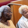 Barbara Carter and Myrtle Wilson, longtime residents of Windsor Park in North Las Vegas, speak to the press on the hardship caused by the sinking land their neighborhood is set upon Wed. Oct 4, 2023.