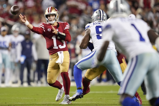 San Francisco 49ers quarterback Brock Purdy (13) passes against the Dallas Cowboys during the second half of an NFL football game in Santa Clara, Calif., Sunday, Oct. 8, 2023.
