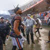 Chicago Bears quarterback Justin Fields celebrates the Bears win against the San Francisco 49ers in an NFL football game, Sunday, Sept. 11, 2022, in Chicago.