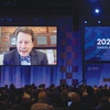Dr. Robert Califf, commissioner of the U.S. Food & Drug Administration, appears on a screen via video link Monday, Oct. 16, 2023, at the 2023 International Society for Pharmaceutical Engineering expo at Mandalay Bay. Califf talked about a number of issues, including drug shortages.