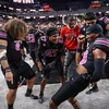 UNLV football players celebrate a 25-23 win over Colorado State at Allegiant Stadium, Oct. 21, 2023.