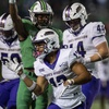 James Madison wide receiver Elijah Sarratt (13) motions after a first down during the second half of an NCAA college football game against Marshall in Huntington, W.Va., Thursday, Oct. 19, 2023.