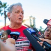 Ted Pappageorge, secretary-treasurer of the Culinary Workers Union, Local 226, speaks with reporters before a Culinary Union civil disobedience protest on the Las Vegas Strip Wednesday, Oct. 25, 2023. The union is currently in contract negotiations with the casinos.