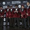 Ricky Bell, from left, Bobby Brown, Johnny Gill, Ralph Tresvant, Michael Bivins, and Ronnie DeVoe of New Edition pose in the press room during the Rock & Roll Hall of Fame Induction Ceremony on Friday, Nov. 3, 2023, at Barclays Center in New York.