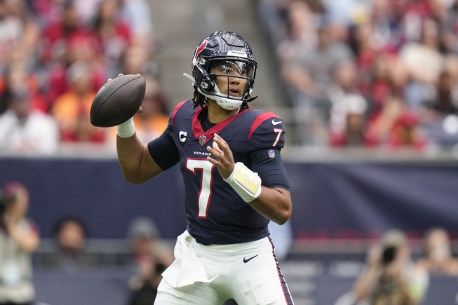 Houston Texans quarterback C.J. Stroud looks to pass against the Tampa Bay Buccaneers during the first half of an NFL football game, Sunday, Nov. 5, 2023, in Houston.