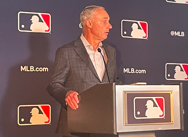 MLB commissioner Rob Manfred speaks at a team owners meeting in Arlington, Texas, on Thursday, Nov. 16, 2023, where owners unanimously approved the move of the Athletics from Oakland, Calif., to Las Vegas.