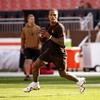 Cleveland Browns quarterback Dorian Thompson-Robinson (17) warms up prior to the start of an NFL football game against the Arizona Cardinals, Sunday, Nov. 5, 2023, in Cleveland.