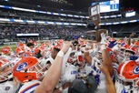 Bishop Gorman football players celebrate after defeating Liberty 56-11 to win the Class 5A Division I state championship at Allegiant Stadium Tuesday, Nov. 21, 2023.