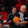 Coach Kevin Kruger of the UNLV mens basketball team disagrees and argues with the referee in a game against Loyola Marymount in the Jack Jones Classic at The Dollar Loan Center on Dec. 9, 2023.