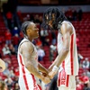 UNLV Rebels guard Jackie Johnson III (24) and forward Keylan Boone (20) celebrate after a 74-56 win over the Hofstra Pride in an NCAA basketball game at the Thomas & Mack Center Thursday, Dec. 21, 2023. 