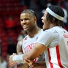 UNLV Rebels guard Luis Rodriguez (15) and forward Rob Whaley Jr. (5) celebrate after a 74-56 win over the Hofstra Pride in an NCAA basketball game at the Thomas & Mack Center Thursday, Dec. 21, 2023.