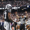 Las Vegas Raiders wide receiver Davante Adams (17) reacts after he completes a touchdown pass during the first half of an NFL football game against the Denver Broncos at Allegiant Stadium Sunday, Jan. 7, 2024.