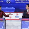 Republican presidential candidate and former U.N. Ambassador Nikki Haley, left, with Florida Gov. Ron DeSantis, speaks during a Republican presidential primary debate hosted by FOX Business Network and Univision, Sept. 27, 2023, at the Ronald Reagan Presidential Library in Simi Valley, Calif.