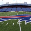 The Buffalo Bills logo is displayed opn the field at Highmark Stadium before an NFL football game between the Pittsburgh Steelers and the Buffalo Bills in Orchard Park, N.Y., Sunday, Oct. 9, 2022. The Bills' wild-card playoff game against the Pittsburgh Steelers that was scheduled for Sunday, Jan. 14, 2024, was moved to Monday amid a forecast for dangerous winter weather, New York Gov. Kathy Hochul announced Saturday.