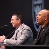 Raiders general manager Tom Telesco, left, smiles as head coach Antonio Pierce starts a Raiders chant during a news conference at Raiders Headquarters/Intermountain Health Performance Center in Henderson Wednesday, Jan. 24, 2024.