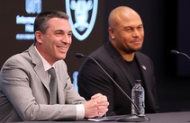 Raiders general manager Tom Telesco, left, and head coach Antonio Pierce respond to questions from reporters during a news conference at Raiders Headquarters/Intermountain Health Performance ...