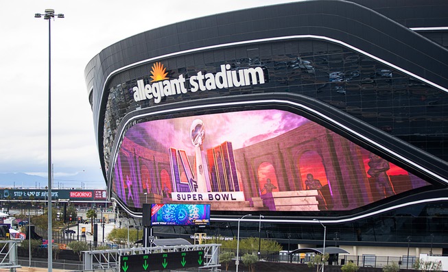Allegiant Stadium Exterior With Super Bowl Logos