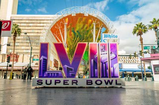 Super Bowl LVIII signage and display off of 4th Street at the Fremont Experience, Wednesday, February 3, 2024.