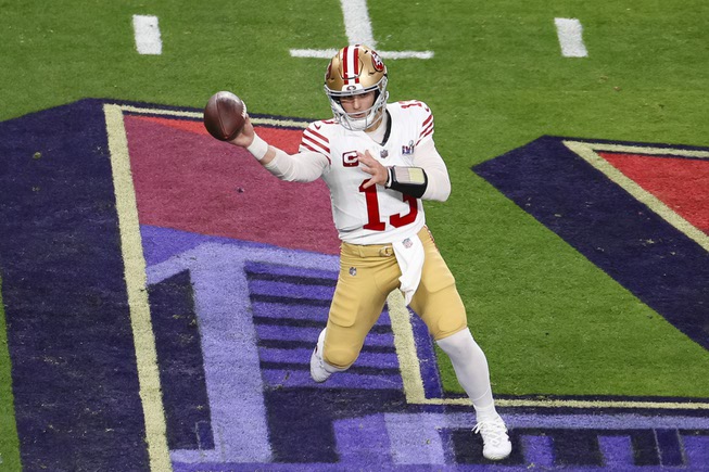 San Francisco 49ers quarterback Brock Purdy (13) throws during the first half of the NFL Super Bowl 58 football game at Allegiant Stadium in Las Vegas Sunday, Feb. 11, 2024.
