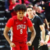 UNLV forward Rob Whaley Jr. (5) celebrates after a basket during the second half of an NCAA basketball game against UNR at the Thomas & Mack Center Saturday, Feb. 17, 2024.