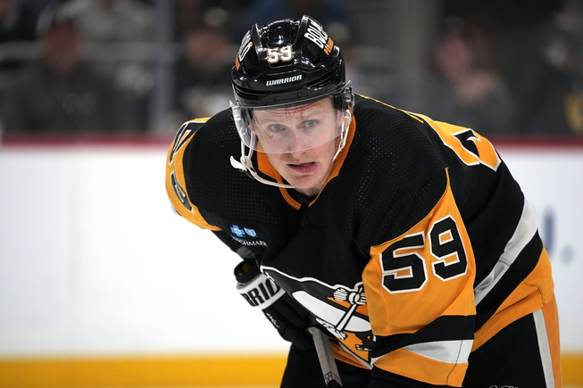 Pittsburgh Penguins' Jake Guentzel prepares for a face-off during the second period of an NHL hockey game against the Florida Panthers in Pittsburgh, Friday, Jan. 26, 2024. Vegas is hardly the only potential buyer for Guentzel, but he could bring instant help if the Golden Knights can swing a deal for him.


