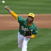 Oakland Athletics starting pitcher Paul Blackburn throws against the San Francisco Giants during the first inning of a spring training baseball game, Wednesday, Feb. 28, 2024, in Mesa, Ariz.