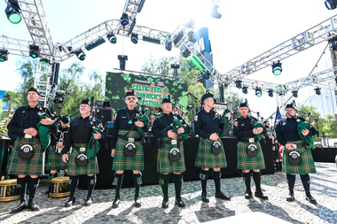 The Las Vegas Emerald Society Pipe Band kicks off the 2022 version of Celtic Feis at New York-New York on the Las Vegas Strip.