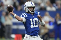 Indianapolis Colts quarterback Gardner Minshew throws a pass during the first half of an NFL football game against the Houston Texans, Jan. 6, 2024, in ...