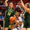 UNLV Lady Rebels guard Amarachi Kimpson (33) drives to the basket between Colorado State Rams guards Marta Leimane (14) and Hannah Ronsiek (30) in the second half of an NCAA women’s semifinal game during the Mountain West Championships at the Thomas & Mack Center Tuesday, March 12, 2024.