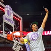 UNLV Lady Rebels forward Alyssa Brown, the game MVP, helps cut down the net after the Lady Rebels defeated the San Diego State Aztecs, 66-49, to win the Mountain West Conference championship game at the Thomas & Mack Center Wednesday, March 13, 2024.